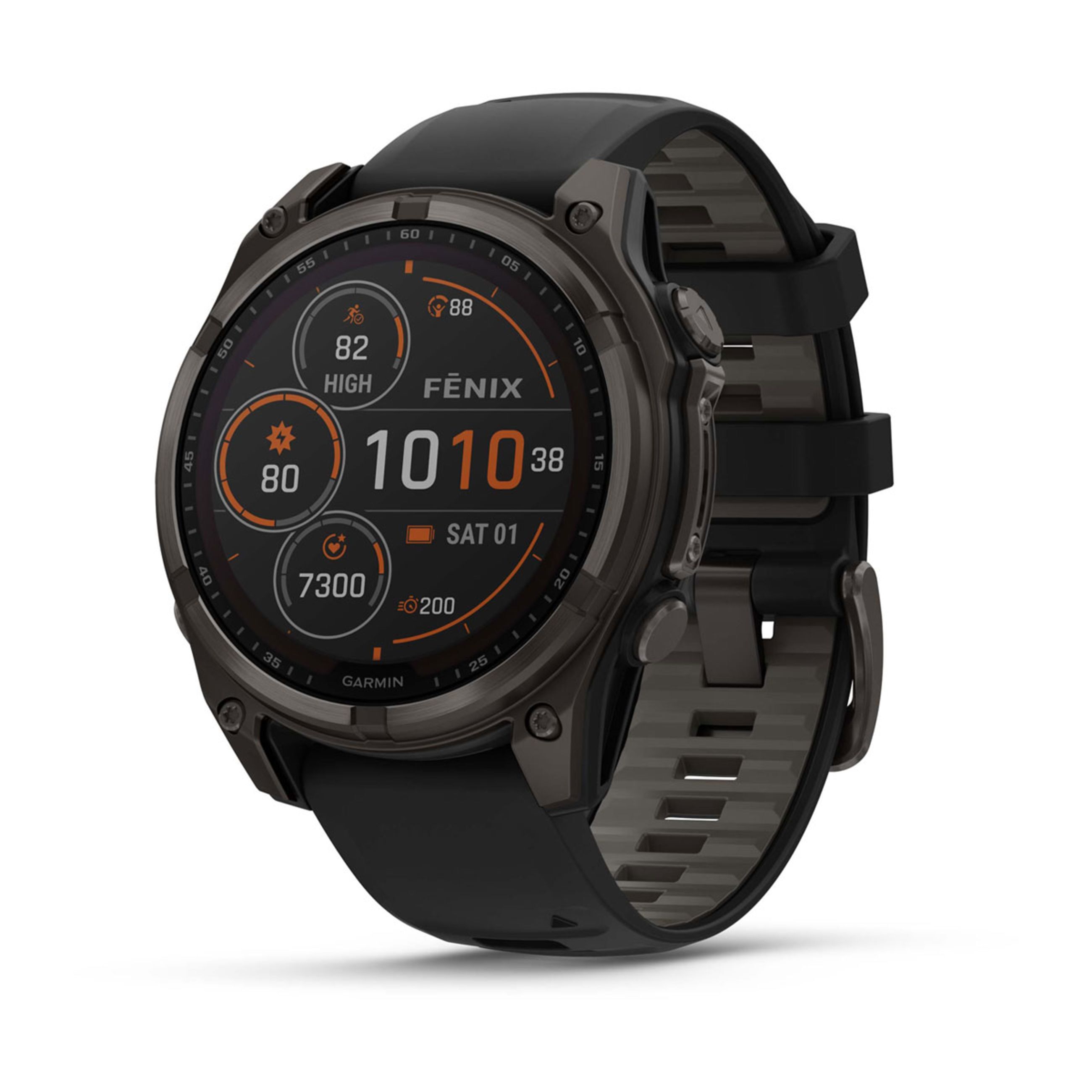 FēNix 8 – 43 Mm, Amoled - Sapphire, Carbon Gray Dlc Titanium With Black/Pebble Gray Silicone Band