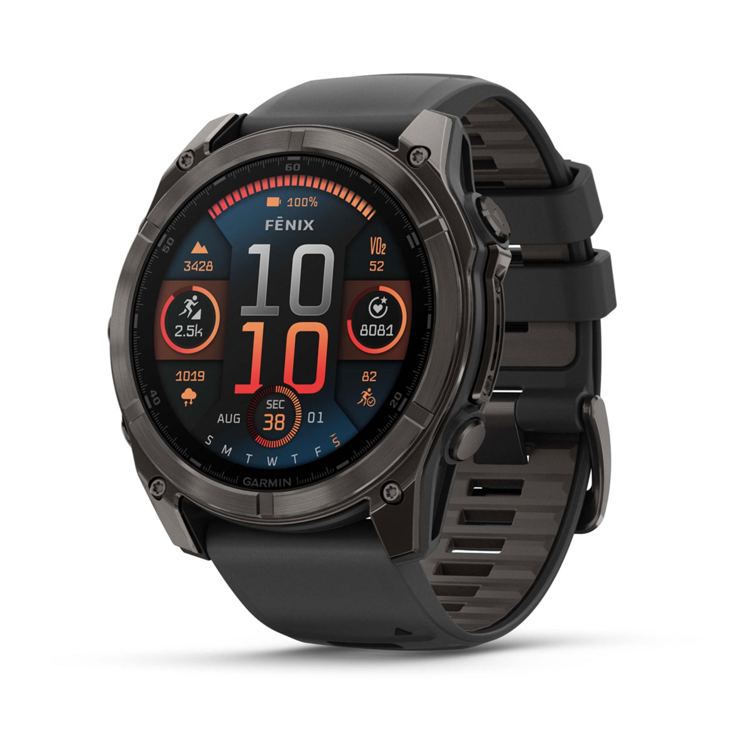 FēNix 8 – 43 Mm, Amoled - Sapphire, Carbon Gray Dlc Titanium With Black/Pebble Gray Silicone Band
